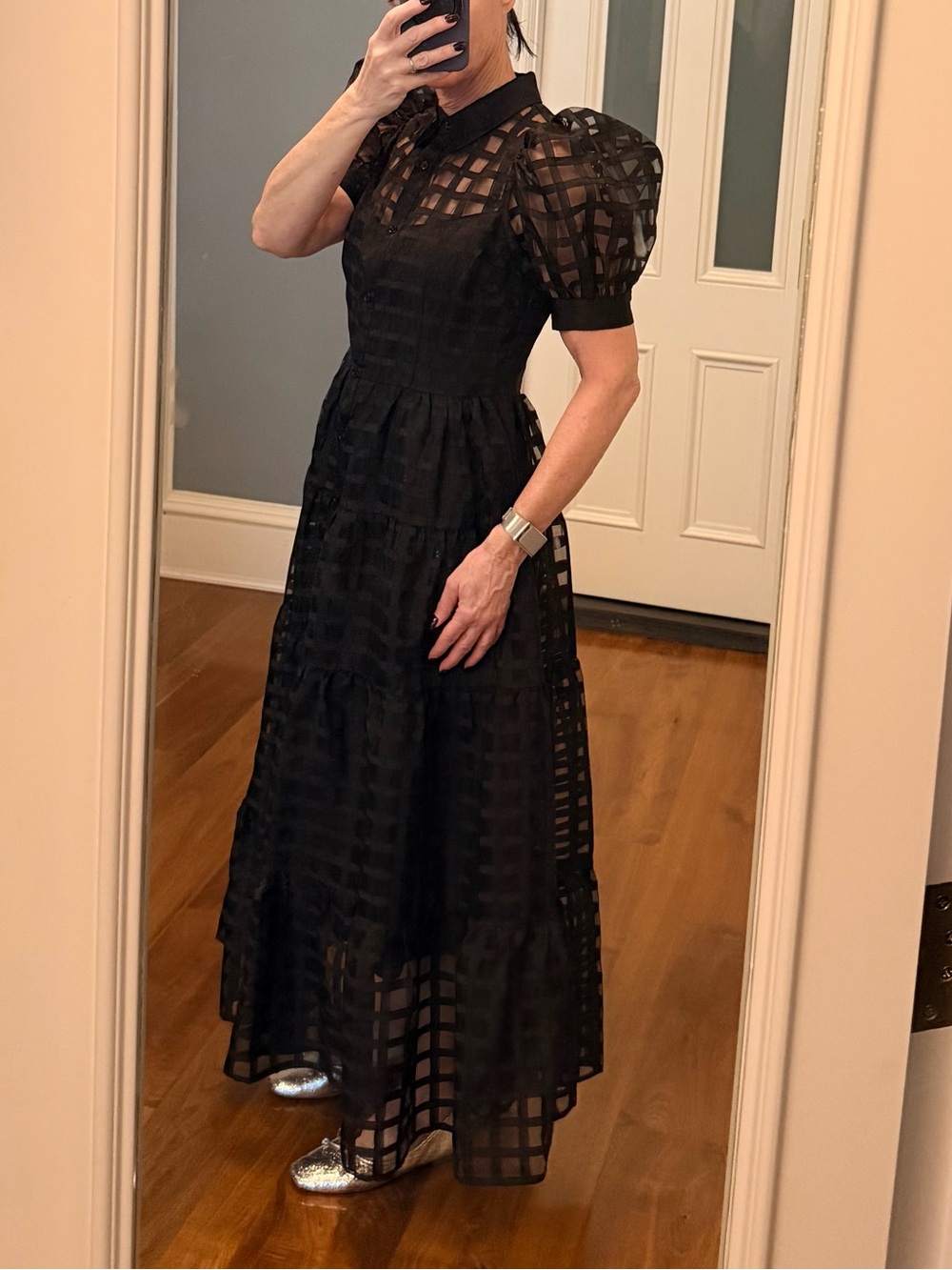 English Factory Black Sheer Grid Maxi Dress with Puff Sleeves - Picture 3 of 6